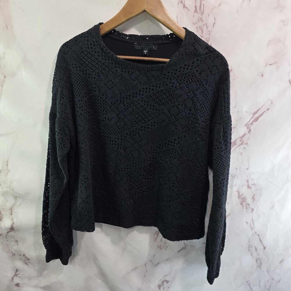 Anthropologie Shirt Womens Small Black Lace Eyelet Balloon Puff Sanctuary